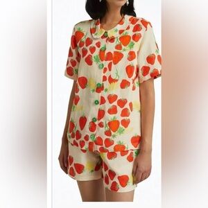 NEW HELMSTEDT strawberry-print linen-blend shirt shorts SET in beige